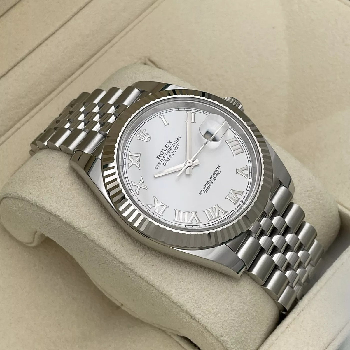 Rolex Datejust 41 White Roman Dial Fluted Bezel Stainless Steel Jubilee Bracelet