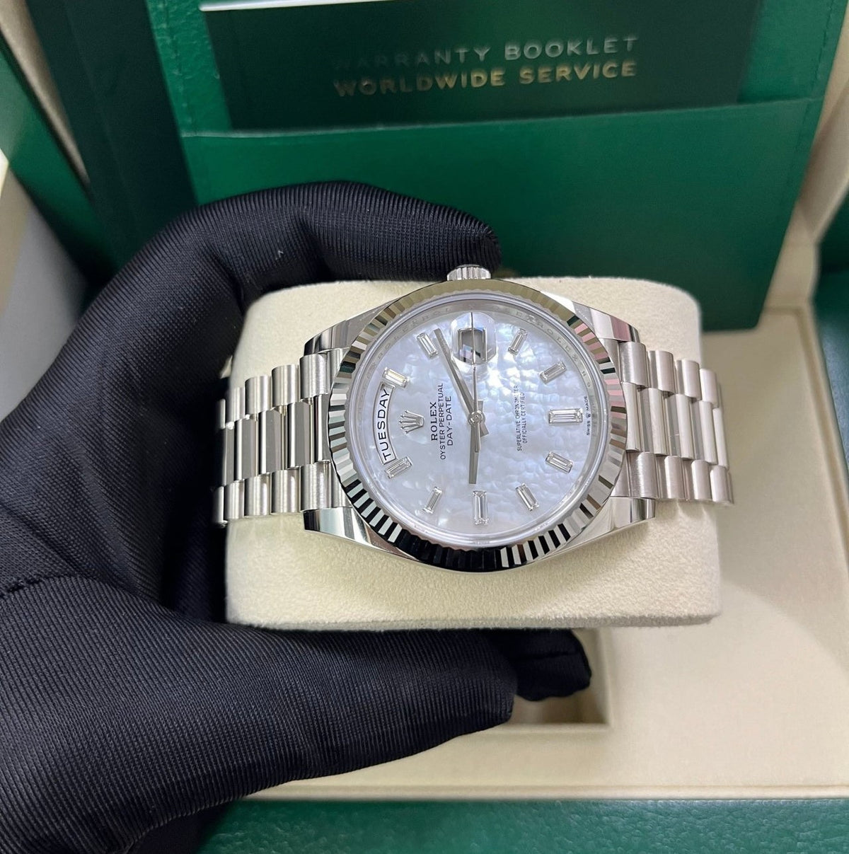 Rolex Day Date 40 Mm Platinum White Mother Of Pearl Diamond Set M128396Tbr 0005