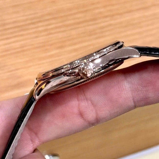 Swiss Rolex Cellini Black Dial Roman Numerals Gold Case Black Leather Strap