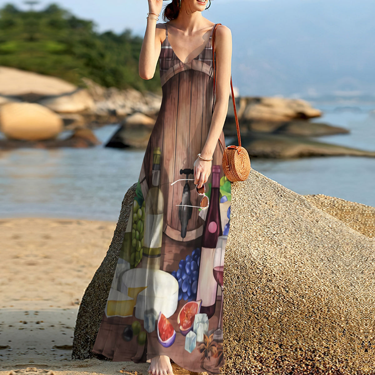 Wine Fruit And Cheese Sleeveless Maxi Dress | Women Summer Dress | Sundress