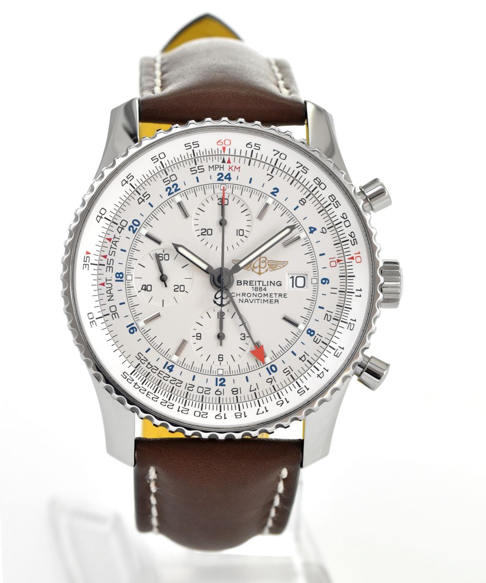 Breitling Navitimer World A24322.90 Mens 46 MM Steel Leather ? Brown White dial