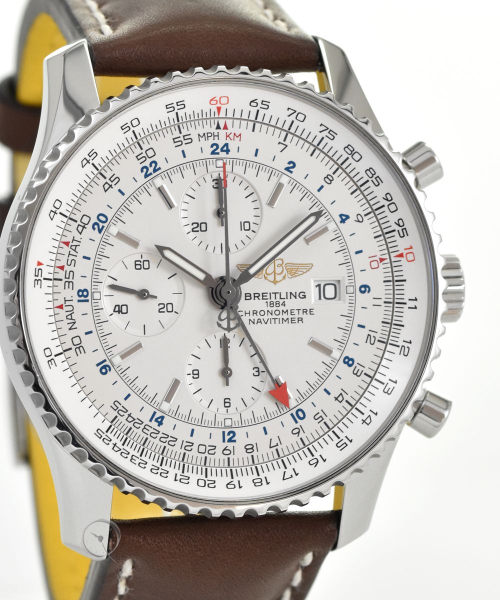 Breitling Navitimer World A24322.90 Mens 46 MM Steel Leather ? Brown White dial