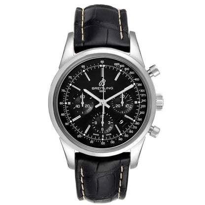 Breitling Transocean Chronograph 43 MM Black Baton Mens Steel Brown Leather AB0152.113