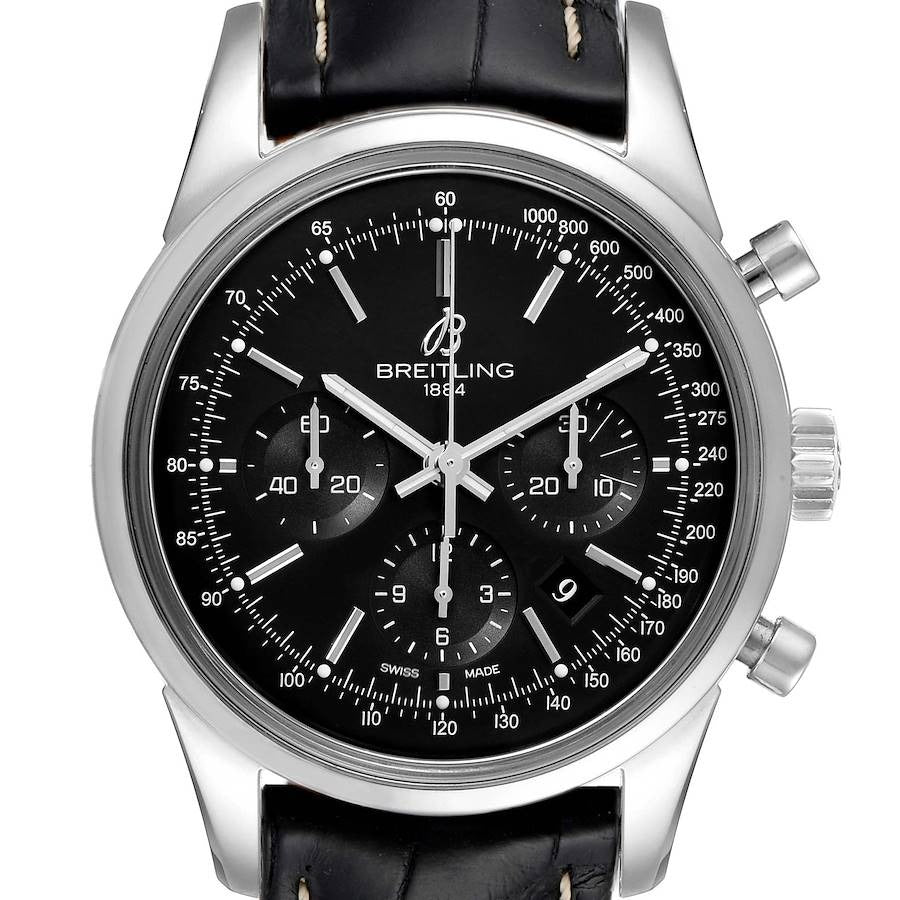Breitling Transocean Chronograph 43 MM Black Baton Mens Steel Brown Leather AB0152.113