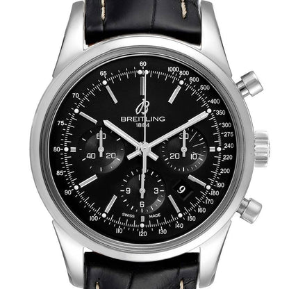 Breitling Transocean Chronograph 43 MM Black Baton Mens Steel Brown Leather AB0152.113