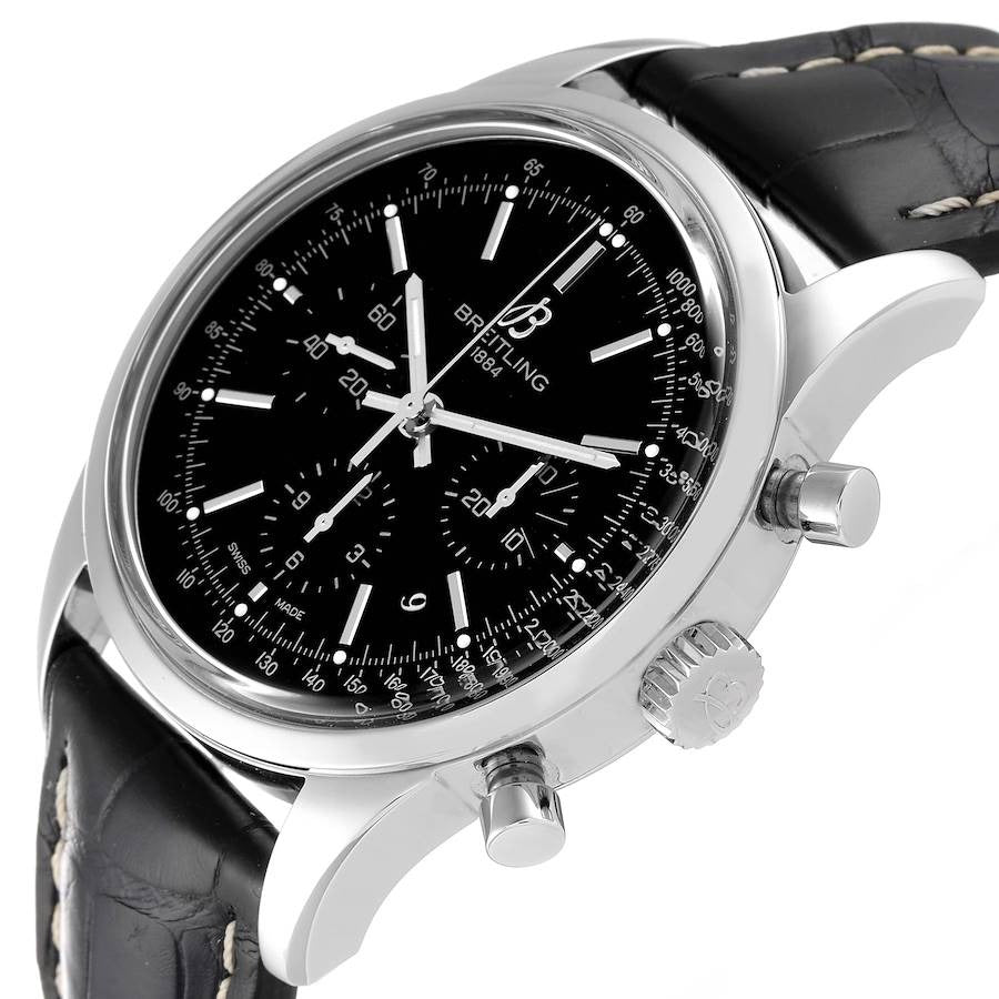 Breitling Transocean Chronograph 43 MM Black Baton Mens Steel Brown Leather AB0152.113