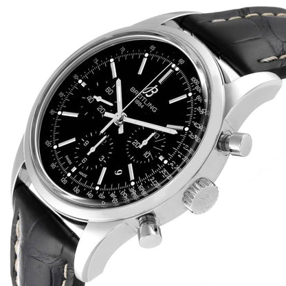 Breitling Transocean Chronograph 43 MM Black Baton Mens Steel Brown Leather AB0152.113