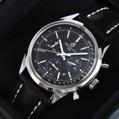 Breitling Transocean Chronograph 43mm Black Dial Leather Strap Automatic Men's Watch AB015212BA99