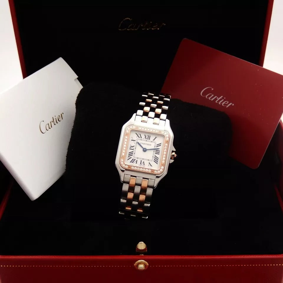 Cartier Panthre De Cartier Watch Medium Model, Quartz Movement, Rose Gold, Steel, Diamonds W3PN0007