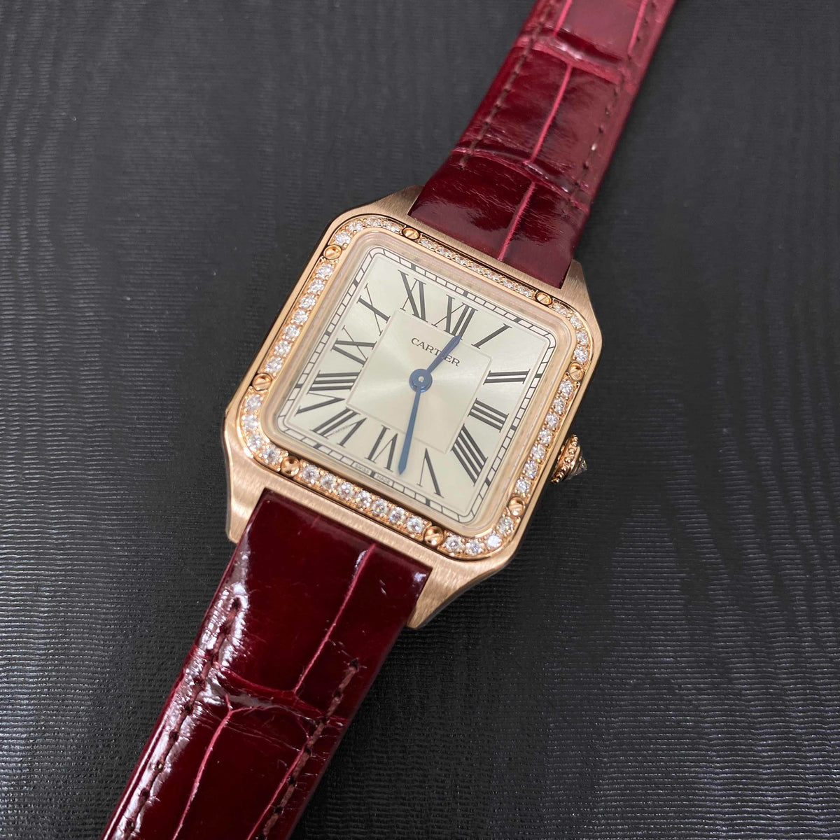 Cartier Santos-Dumont watch Small model, rose gold, diamonds, leather strap WJSA0017