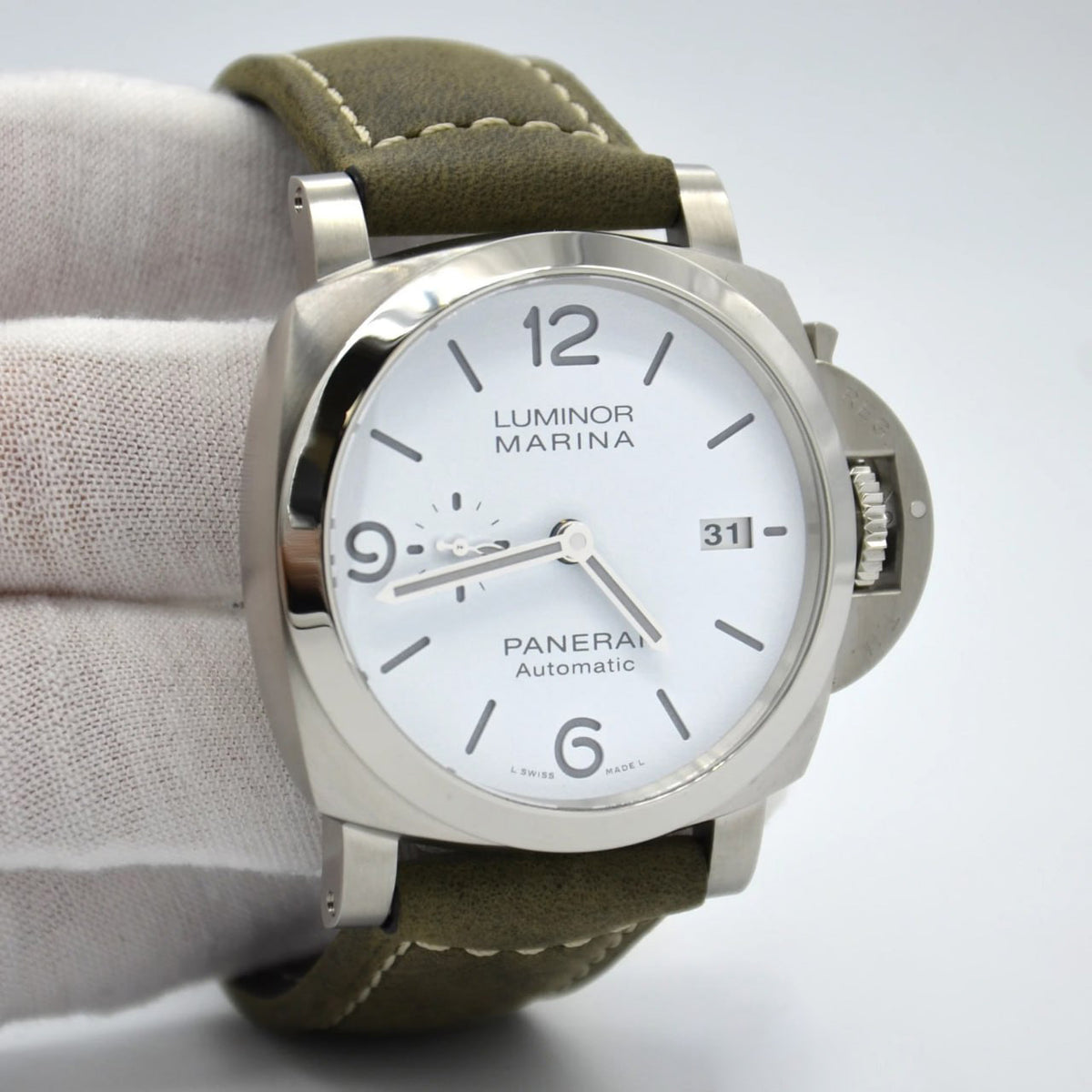 Panerai Luminor Marina PAM1314 TTF SS White Dial Green Leather Strap P9010