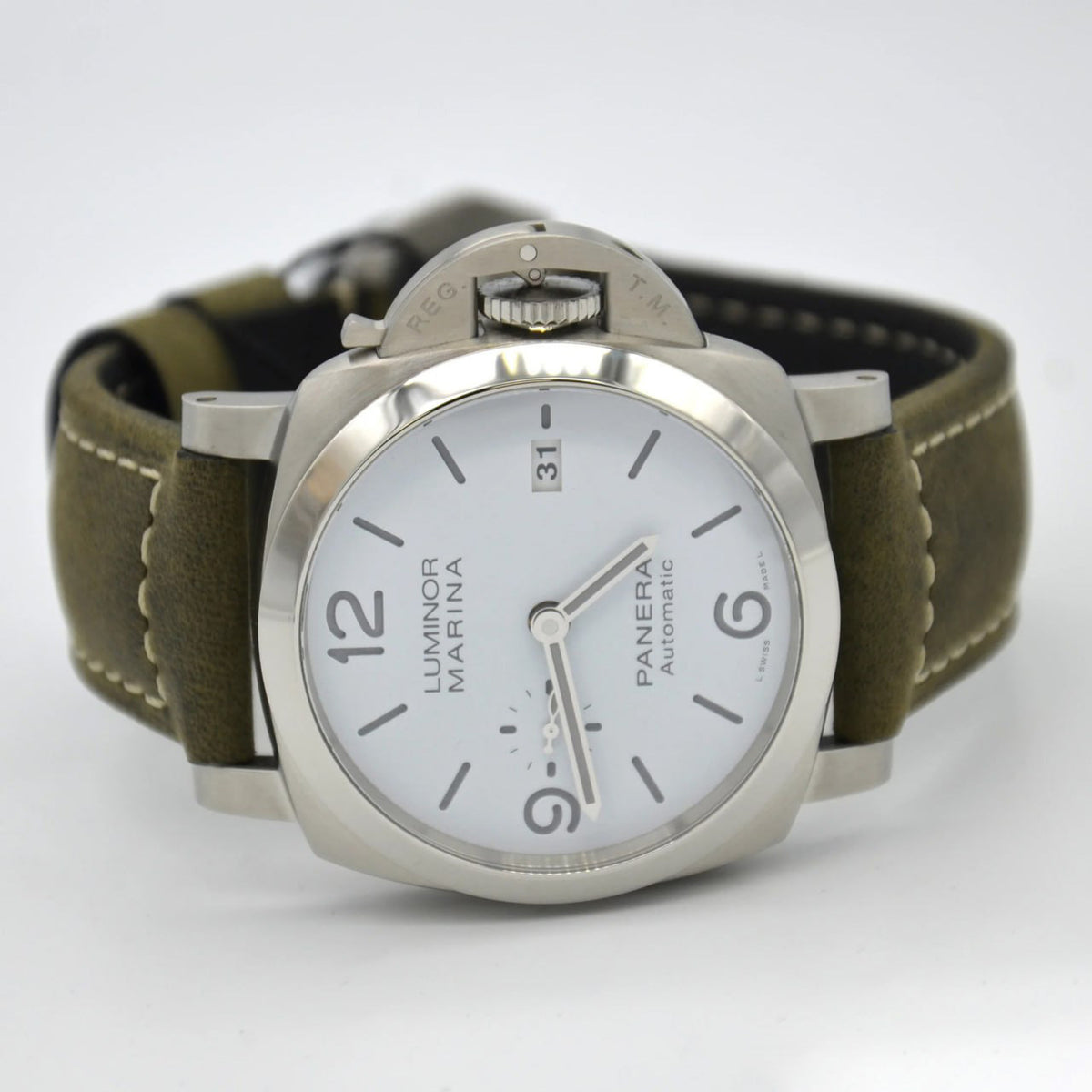 Panerai Luminor Marina PAM1314 TTF SS White Dial Green Leather Strap P9010
