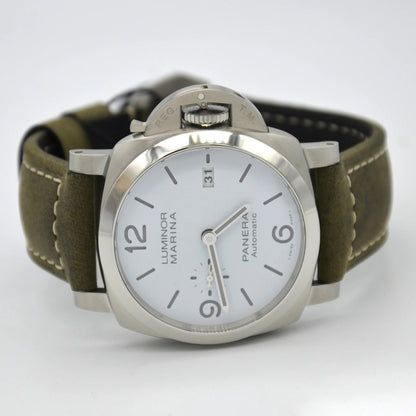 Panerai Luminor Marina PAM1314 TTF SS White Dial Green Leather Strap P9010