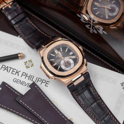 Patek Philippe Nautilus 5980R Flyback Chronograph Date Rose Gold Leather Strap