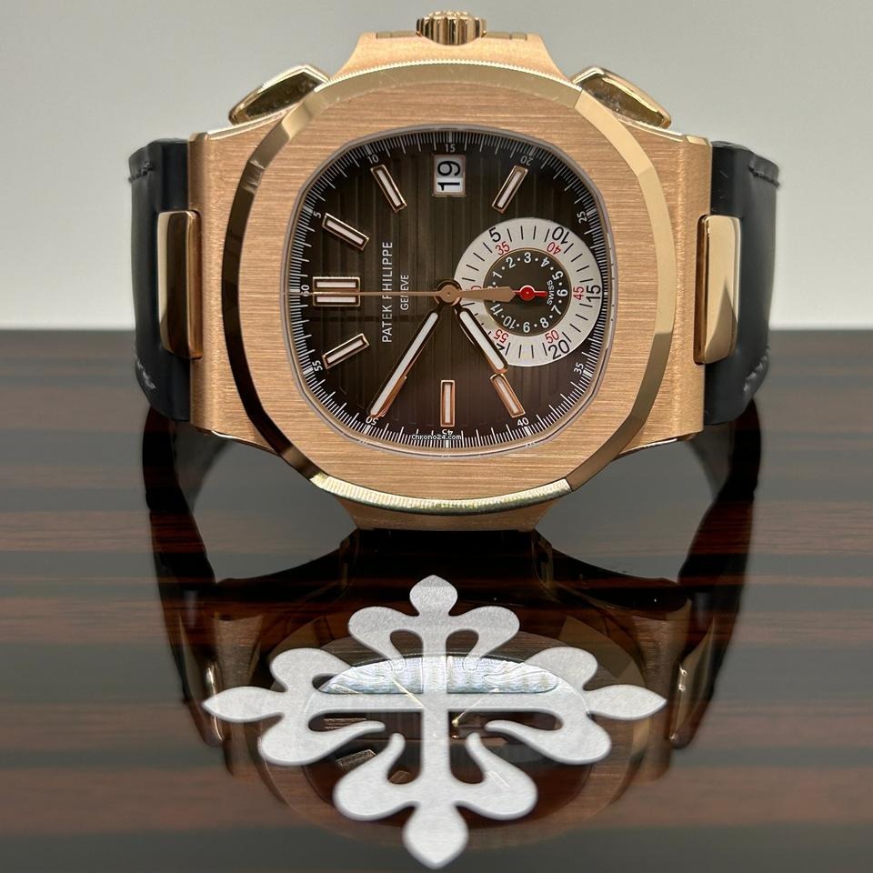 Patek Philippe Nautilus 5980R Flyback Chronograph Date Rose Gold Leather Strap