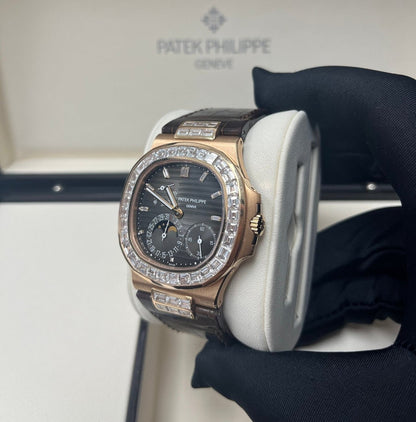 Patek Philippe Nautilus Rose Gold Diamond Bezel & Moon Phase Brown Dial 5724R 001