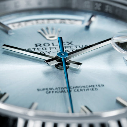 ROLEX DAY-DATE 40 PLATINUM ICE BLUE ROMAN DIAL 228236