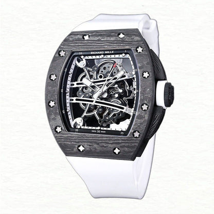 Richard Mille RM 61-01 Men Automatic Transparent Dial Watch Carbon Fiber White Rubber Band