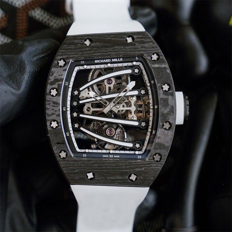 Richard Mille RM 61-01 Men Automatic Transparent Dial Watch Carbon Fiber White Rubber Band