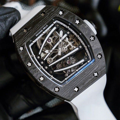 Richard Mille RM 61-01 Men Automatic Transparent Dial Watch Carbon Fiber White Rubber Band