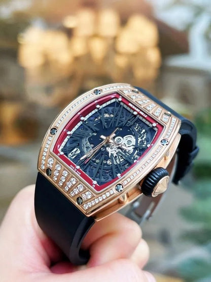 Richard Mille RM023 Black Rosegold Full Diamond White Rubber Strap