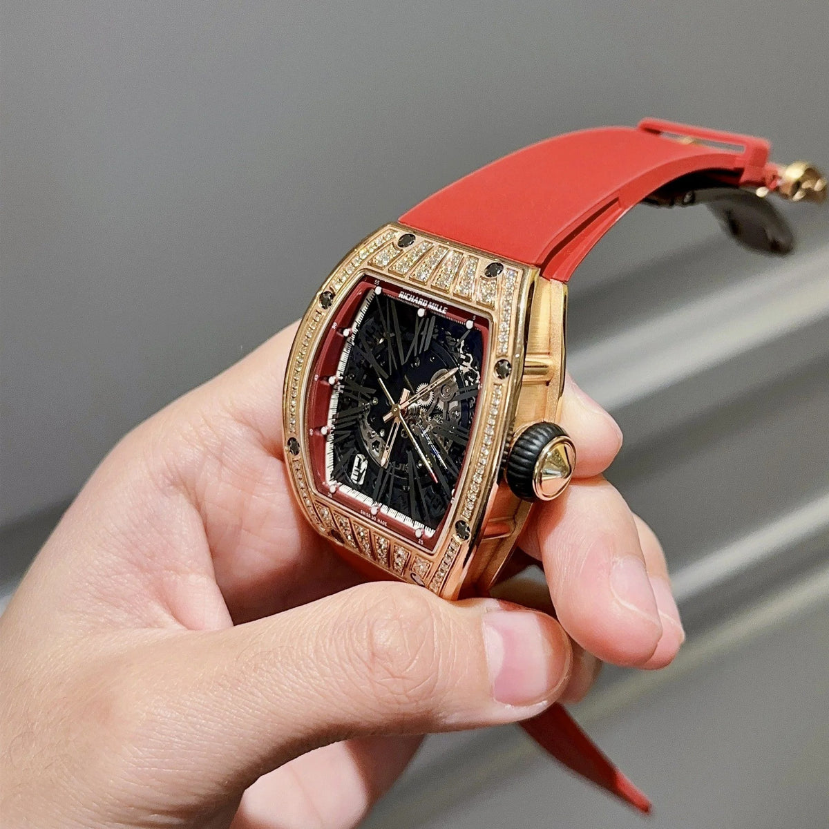 Richard Mille RM023 Black Rosegold Full Diamond White Rubber Strap