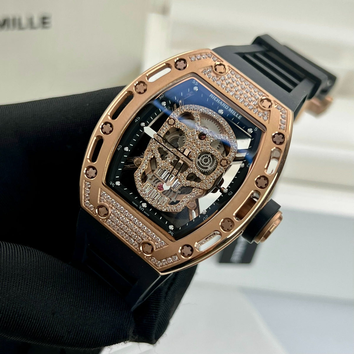 Richard Mille RM052-007 Black Skull Automatic Men Watch Yellow Rubber Strap