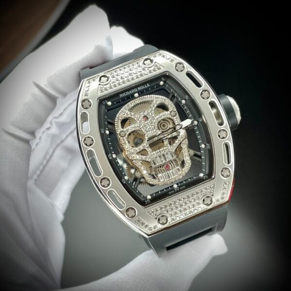 Richard Mille RM052 Around 50 42mm Men RM052-001 Silver-tone Diamonds Skull Dial Black Blue