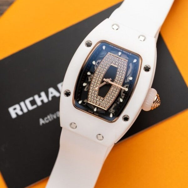 Richard Mille RM07 Ladies Ceramic Black & Diamonds Dial White Strap