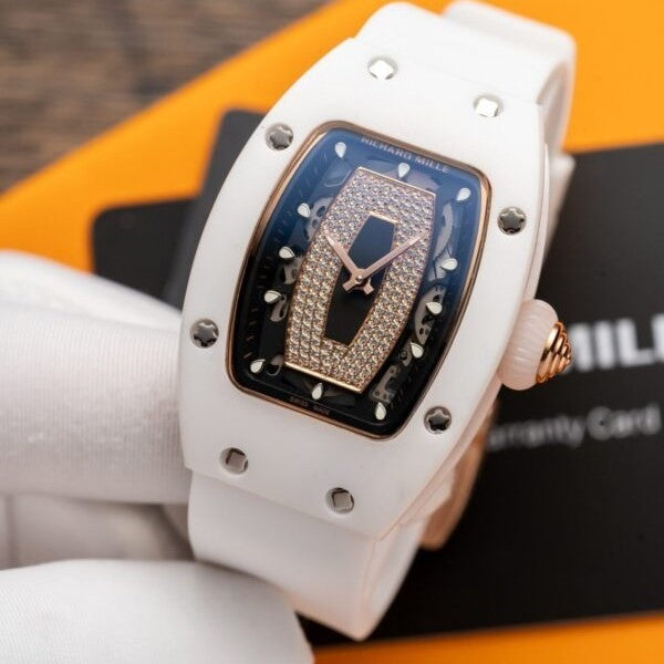 Richard Mille RM07 Ladies Ceramic Black & Diamonds Dial White Strap