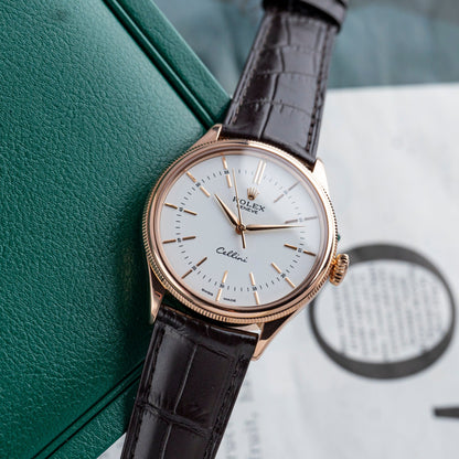 Rolex Cellini White Rose Dial Gold Case Brown Leather Bracelet 622725