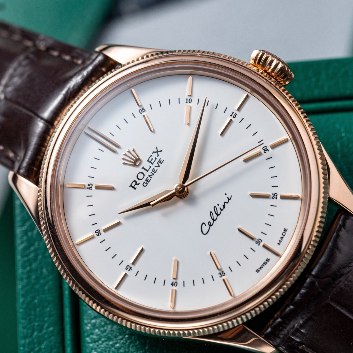 Rolex Cellini White Rose Dial Gold Case Brown Leather Bracelet 622725