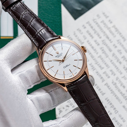 Rolex Cellini White Rose Dial Gold Case Brown Leather Bracelet 622725