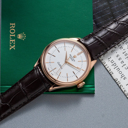 Rolex Cellini White Rose Dial Gold Case Brown Leather Bracelet 622725