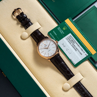Rolex Cellini White Rose Dial Gold Case Brown Leather Bracelet 622725