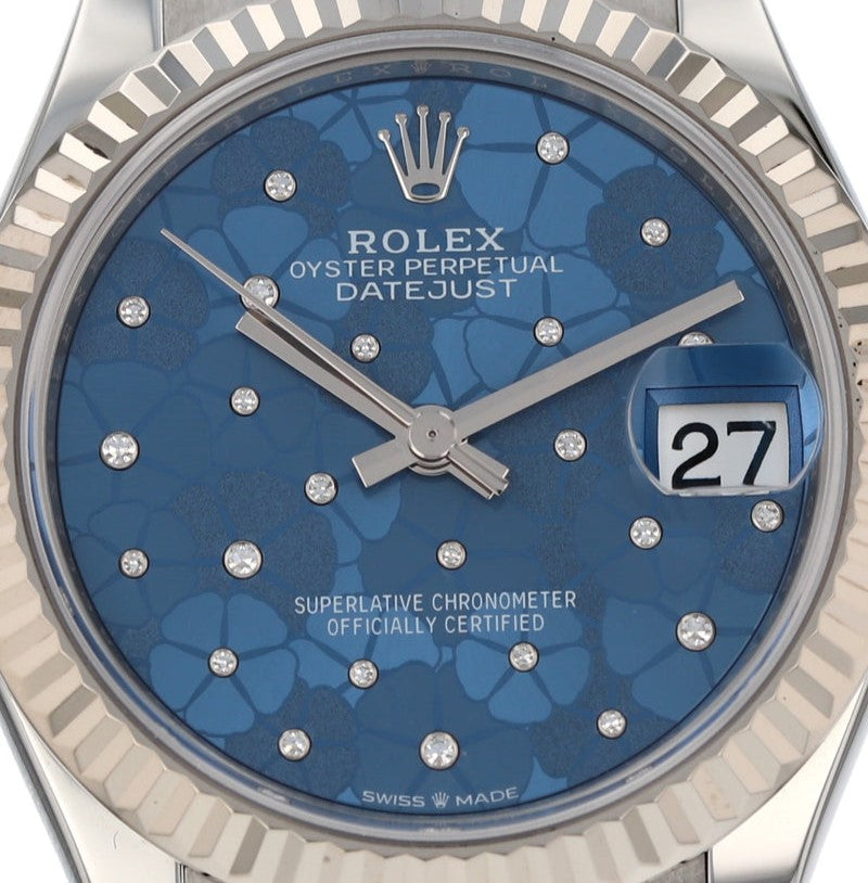 Rolex Datejust 31 Mm Oystersteel And White Gold Azzurro Blue Floral Motif Diamond Set M278274 0035
