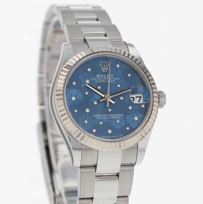 Rolex Datejust 31 Mm Oystersteel And White Gold Azzurro Blue Floral Motif Diamond Set M278274 0035