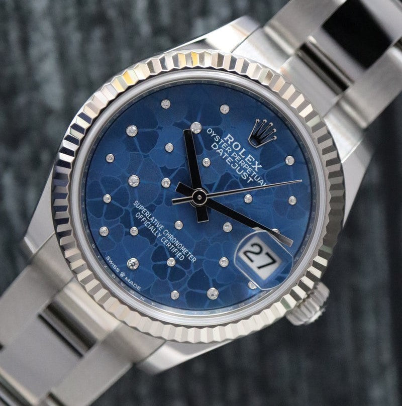 Rolex Datejust 31 Mm Oystersteel And White Gold Azzurro Blue Floral Motif Diamond Set M278274 0035