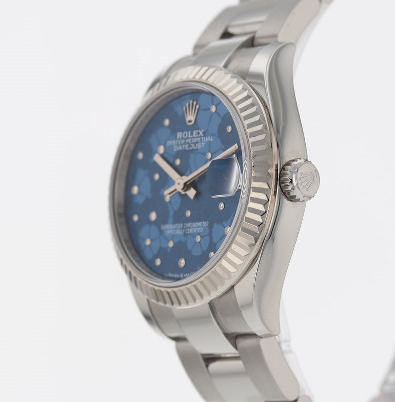Rolex Datejust 31 Mm Oystersteel And White Gold Azzurro Blue Floral Motif Diamond Set M278274 0035