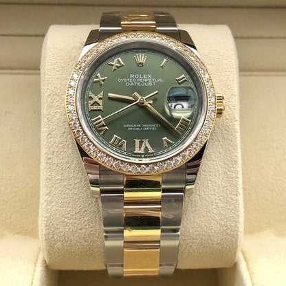 Rolex Datejust 36 Mm Oystersteel And Yellow Gold Olive Green Diamond Set M126283Rbr 0012
