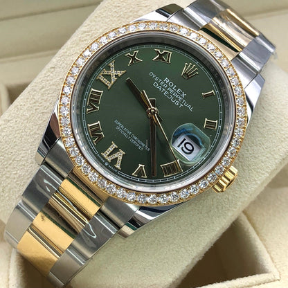 Rolex Datejust 36 Mm Oystersteel And Yellow Gold Olive Green Diamond Set M126283Rbr 0012