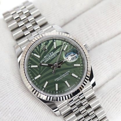 Rolex Datejust Olive Green Palm Motif Dial 36Mm Jubilee Stainless Steel Watch 126234