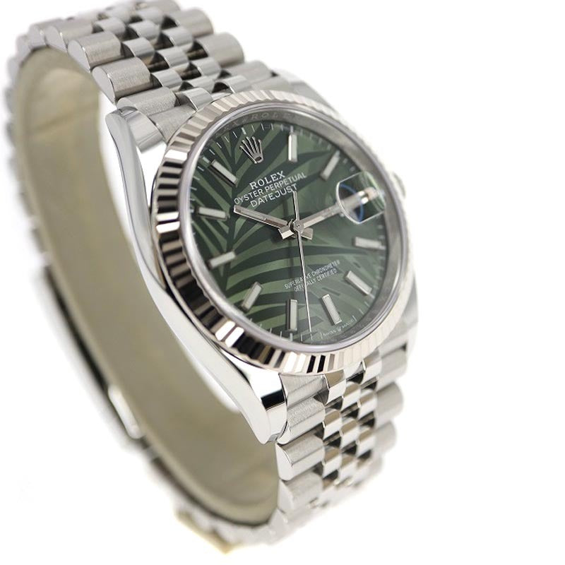 Rolex Datejust Olive Green Palm Motif Dial 36Mm Jubilee Stainless Steel Watch 126234
