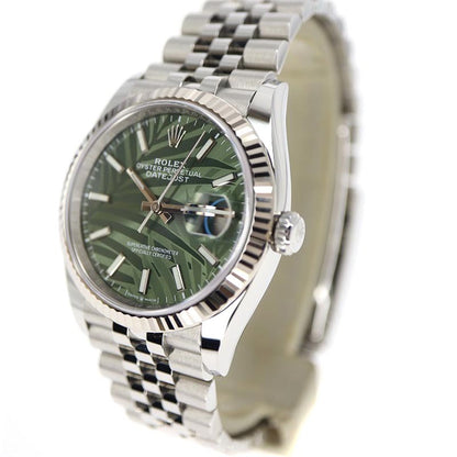 Rolex Datejust Olive Green Palm Motif Dial 36Mm Jubilee Stainless Steel Watch 126234