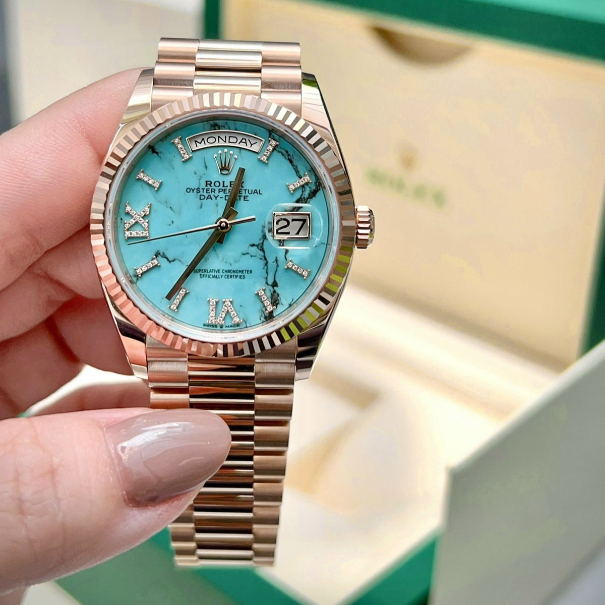 Rolex Day Date 36 Mm Everose Gold Turquoise Diamond Set Dial President Bracelet M128235 0064