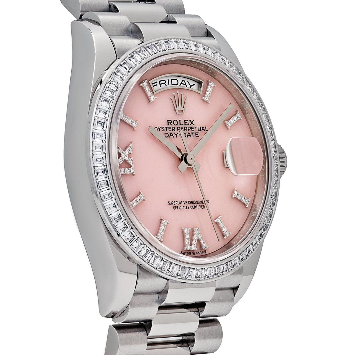 Rolex Day Date 36 Mm Platinum Pink Opal Diamond Set Dial Diamond Set Bezel President Bracelet M128396Tbr 0009