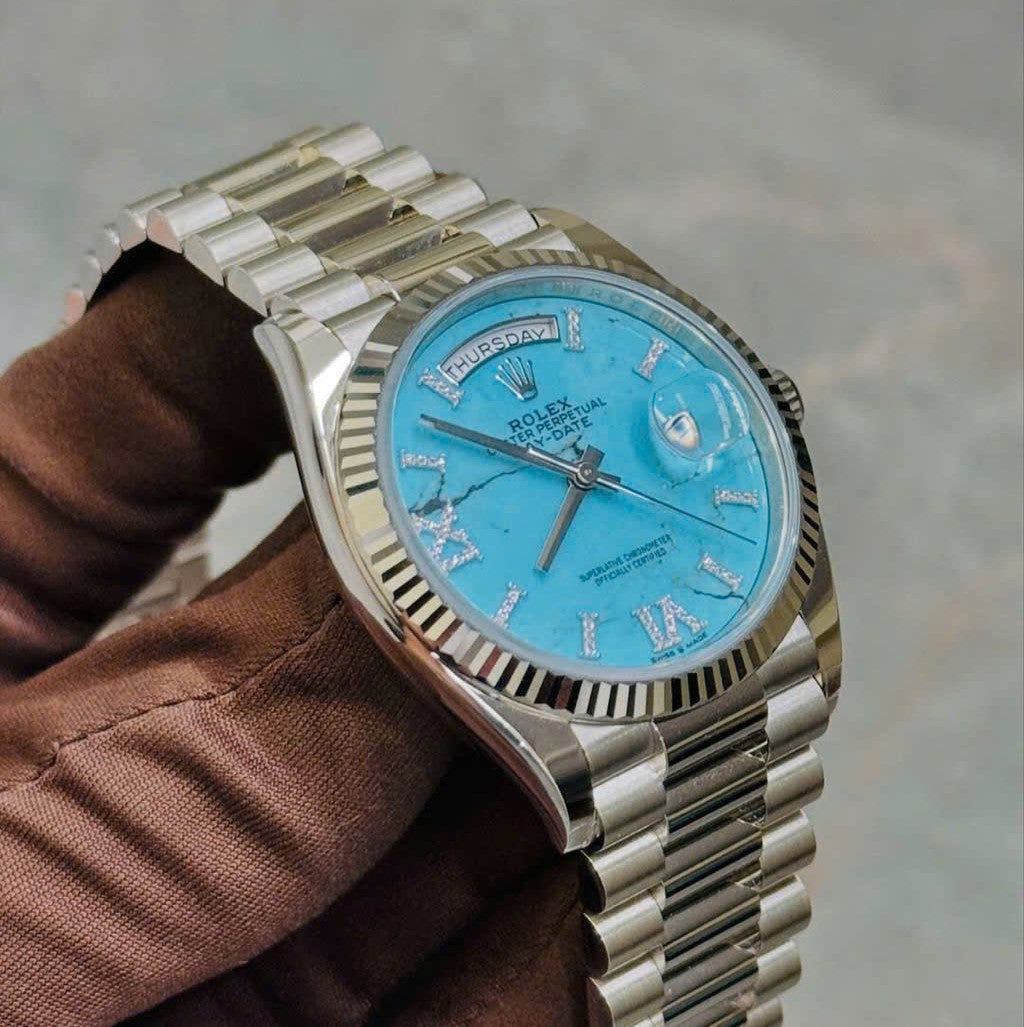 Rolex Day Date 36 Mm Platinum Turquoise Diamond Set Dial Fluted Bezel President Bracelet M128236 0011