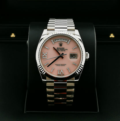 Rolex Day Date 36 Mm White Gold Pink Opal Diamond Set Dial Fluted Bezel President Bracelet M128239 0021