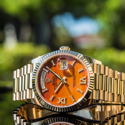 Rolex Day Date 36 Mm Yellow Gold Carnelian Diamond Set Dial Fluted Bezel President Bracelet M128238 0088
