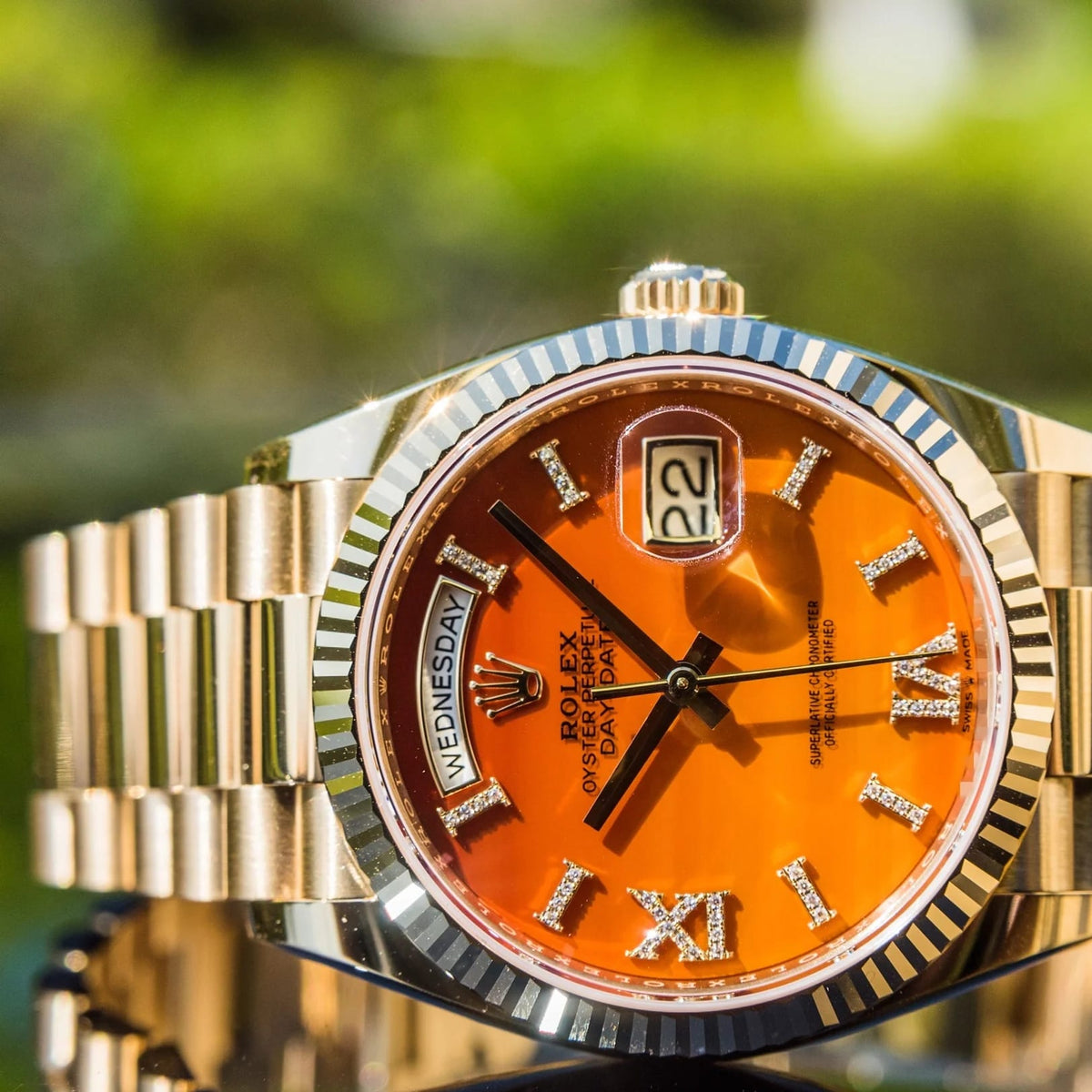 Rolex Day Date 36 Mm Yellow Gold Carnelian Diamond Set Dial Fluted Bezel President Bracelet M128238 0088